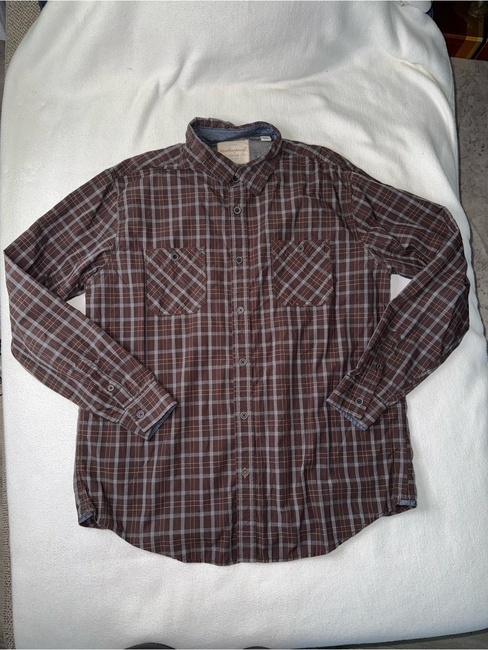Weatherproof Men's Brown and Gray Plaid Button-Down Shirt